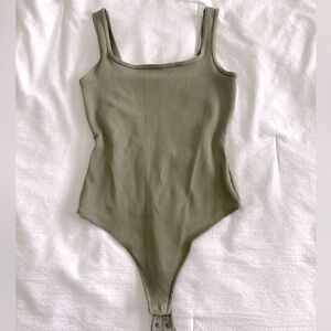Abercrombie & Fitch Green Ribbed Slimming Bodysuit Square neck tank top